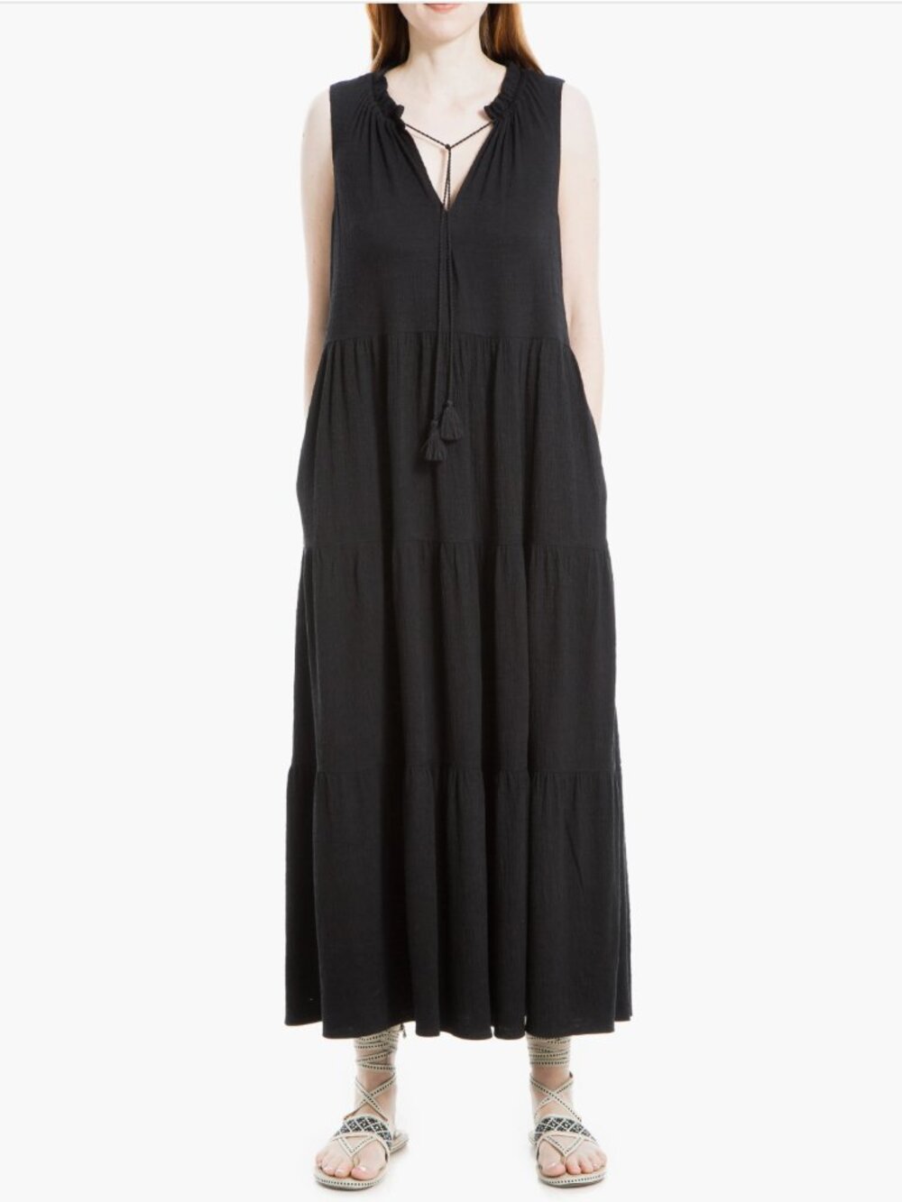 NEW MAX STUDIO Tie Neck Tiered Jersey Maxi Dress With Pockets Black - S